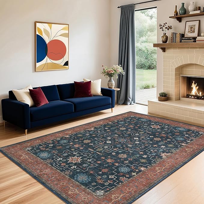 LBRO2M Farmhouse Washable Rugs 5X7 for Living Room Bedroom Vintage Non Slip Rugs Easy Clean, Low Piles Stain Resistant Carpet Distressed Area Rug Great for Pets and Family (5'X7' Distressed Blue)