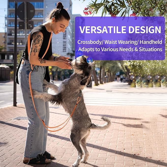 Kazazoo Hands-Free Dog Leash Adjustable Length 5-8 Ft, Waist for Dog Walking, Running for Small &Medium Dogs with Reflective Strips, Ballistic Nylon, Waist Belt, Lightweight Orange M