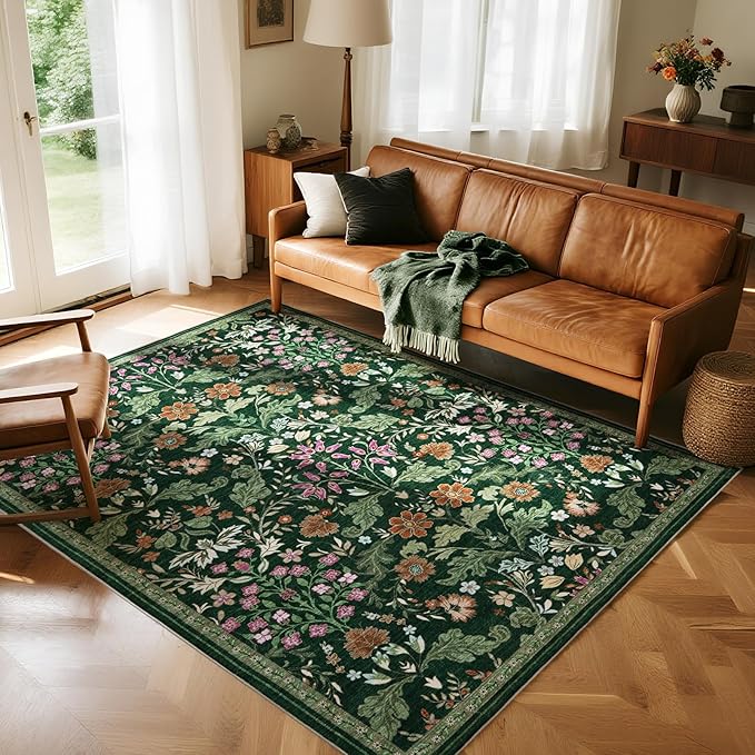 Floral Area Rug for Living Room: 4x6 Washable Soft Low Pile Thin Indoor Carpet, Non Slip Stain Resistant Vintage Flower Boho Accent Rugs for Bedroom, Dining, Home Office, Nursery - Green