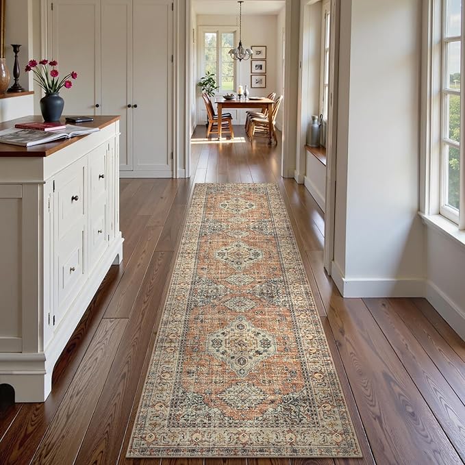 Lahome Oriental Hallway Runner Rug, 2.5x8 Kitchen Runner Non Slip Ultra-Thin, Soft Washable Hallway Rug Distressed Non Shedding Long Carpet for Entryway ?랰aundry Room Bathroom, Peach/Orange