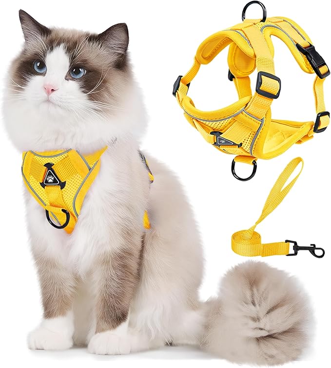 No Pull Dog Harness with Leash Set for Small Sized Dog, Reflective Adjustable No Choke Cat Vest Harness with Breathable Mesh, Comfortable Soft Padded Pet Vest, Yellow L