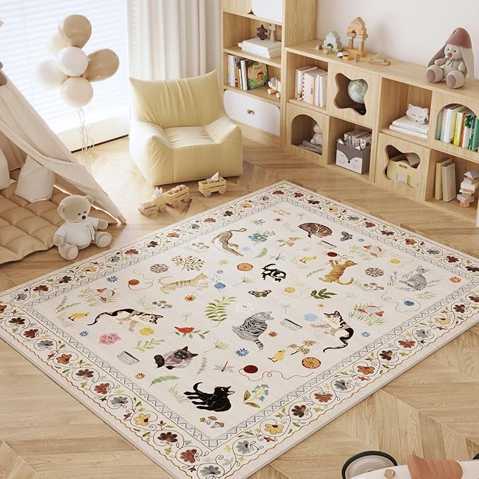 Rugcomf Living Room Rug 6x9 Rug Machine Washable Boho Area Rug Non Slip Floral Animal Cat Vintage Low Pile Large Rug for Living Room Bedroom Farmhouse Dining Room Kids Playroom, Beige