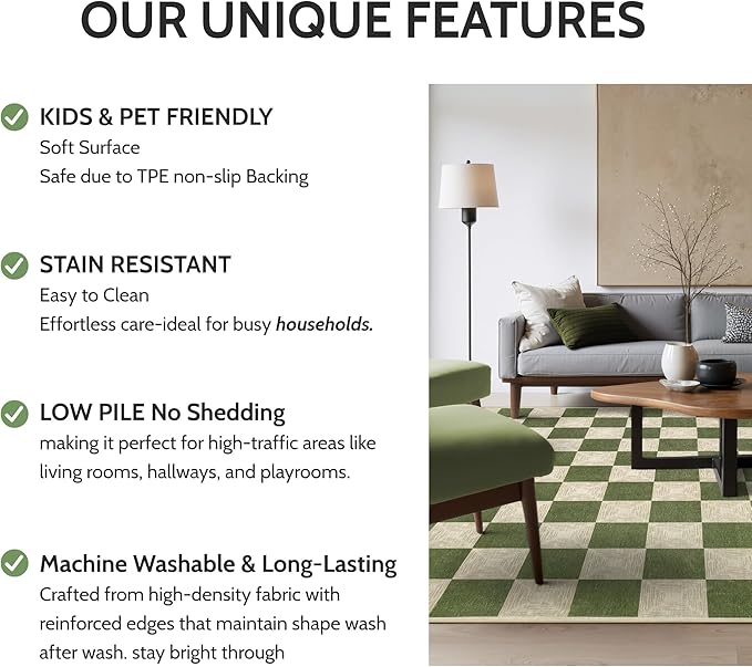 Washable Green Checkered Rug 5x7, Non-Slip Low Pile Area Rug for Living Room, Bedroom, Nursery, Modern Neutral Farmhouse Checkerboard Carpet, Pet & Kid Friendly