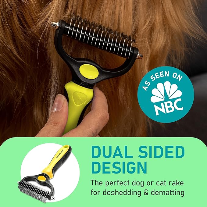 Maxpower Planet Pet Grooming Brush - Double Sided Shedding, Dematting Undercoat Rake for Dogs and Cats - Extra Wide Dog Grooming Brush - Yellow