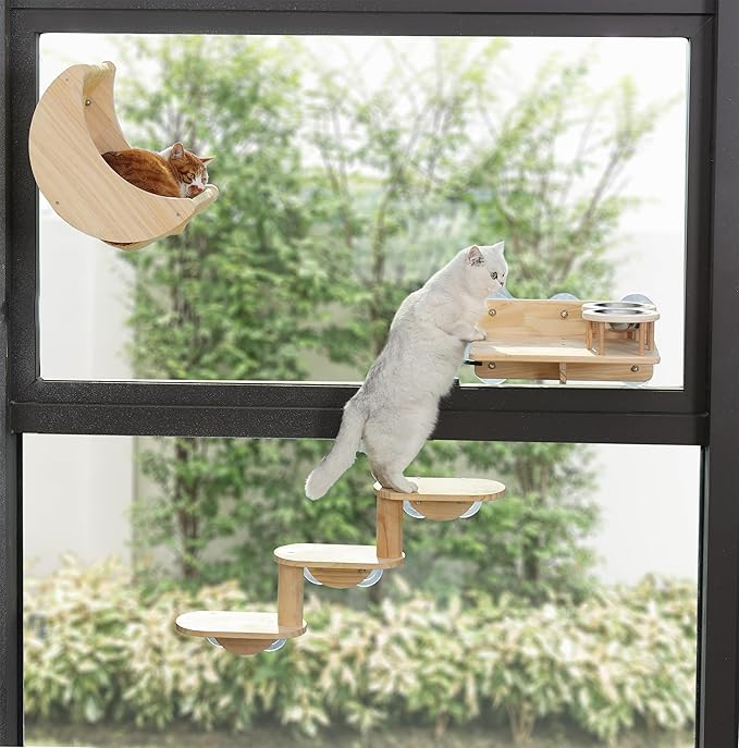 Cat Window Ladder 3-Levels for Indoor Cats Climbing Wood Window Shelf Cats Play and Watch Birds