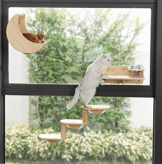 Cat Window Ladder 3-Levels for Indoor Cats Climbing Wood Window Shelf Cats Play and Watch Birds