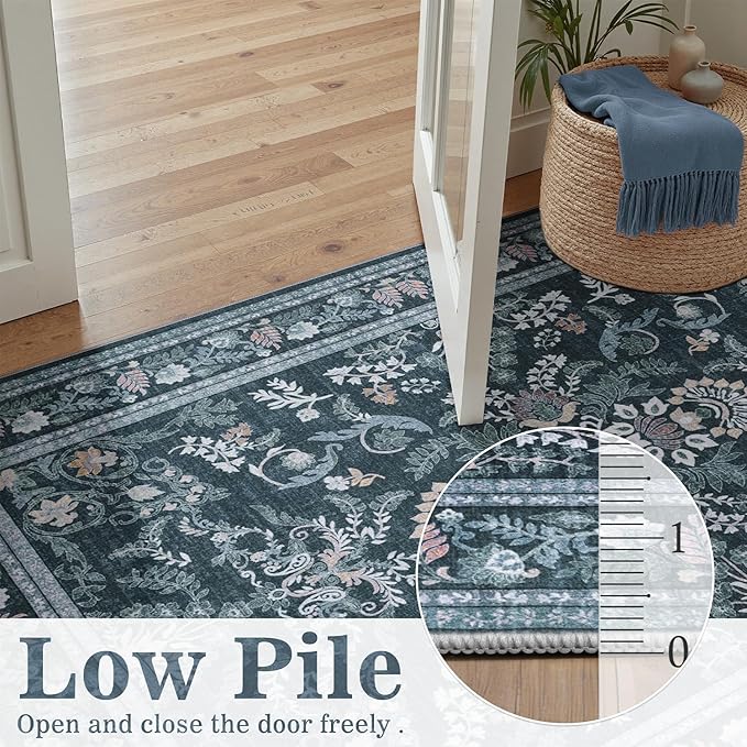 DCX Navy Blue 4x6 Area Rug, Machine Washable Non Slip Stain Resistant Soft Vintage Floral Rug, for Living Room, Bedroom, Dining Room, Soft Low Pile Large Carpet