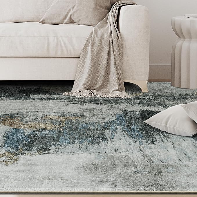4x6 Area Rugs for Living Room Rug Washable: Abstract Rug for Dining Room Bedroom Carpet Non Slip 4 by 6 Indoor Modern Nursery Home Office Black Gold