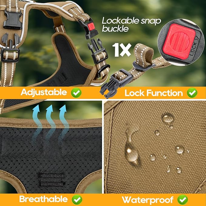 Timos Dog Harness Medium Sized, No Pull Pet Harness with Neck Lockable Snap,No Choke Front Clip Dog Reflective Vest,Adjustable Metal Rings 3 Buckles,Easy Control Handle for Medium Dogs Khaki M
