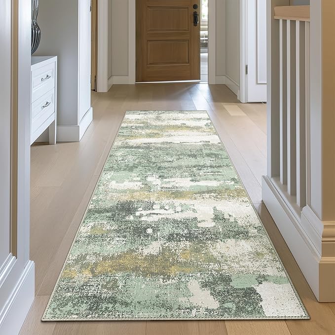 Runner Rug for Hallway Kitchen, 2'6"x5' Machine Washable Runners Rug for Entryway, Soft Modern Abstract Throw Rugs, Low Pile Floor Cover with Non Slip Backing, Light Green
