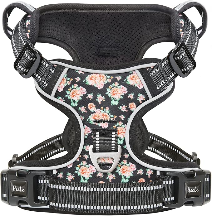 HEELE Dog Harness, No Pull Adjustable Padded Reflective Harness for Small Medium Large Dogs with Handle for Walking Training, Flower-Black, L