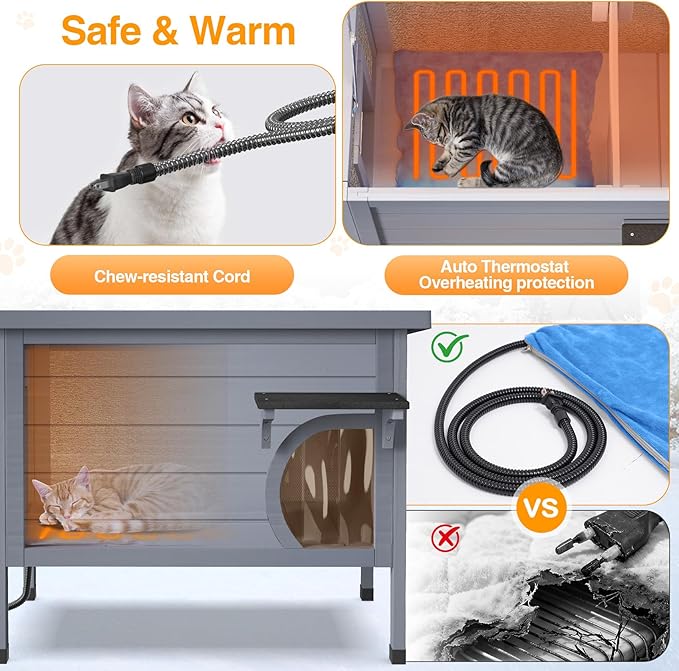 Heated Cat House for Outside - Wooden Insulated Cat Houses Outdoor, Winter Warm Cat Home Weatherproof Waterproof, Clawsable Feral Kitty Shelter with Heated Pad, Escape Door