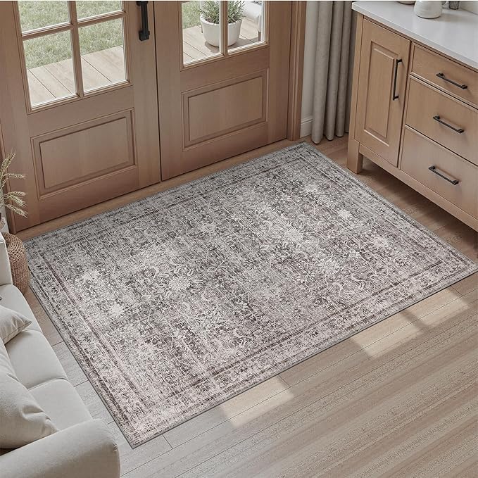 DCX Machine Washable Grey Entryway Rug 2x3, Non Slip Stain Resistant Vintage Floral Rug for Kitchen Bathroom Front Door Throw Rugs Indoor, Soft Low Pile Small Rugs for Entry
