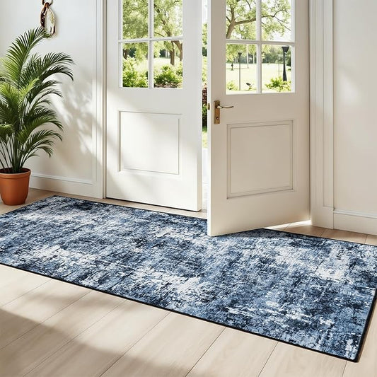 Rugflix 2x6 Runner Rug for Entryway, Kitchen Rugs Soft Non-Slip Washable Runners for Hallway, Abstract Small Carpet with Non-Slip Rubber for Bedroom, Living Room, Navy Blue/Black