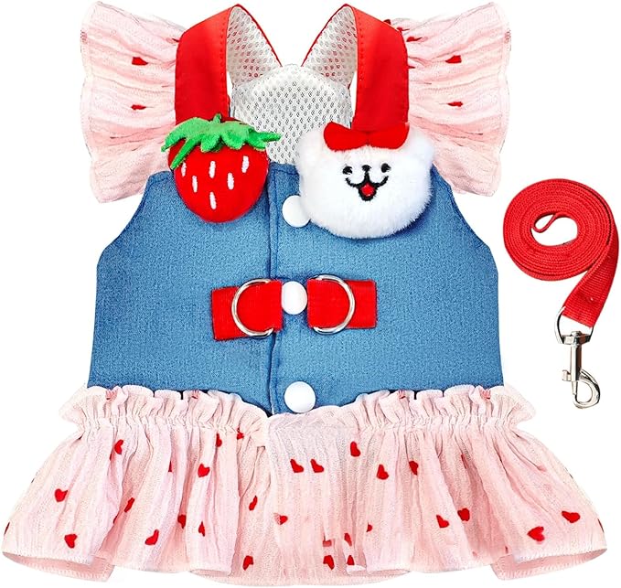 Small Dog Harness and Leash Set Denim Cat Harness Dress for Puppy Clothes for Girls Pink Dog Birthday Dress French Bulldog Harness with Strawberry Bear Decoration