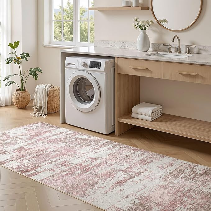 Area Rugs for Living Room: 3x12 Abstract Washable Rug Modern Neutral Large Soft Stain Resistant Non-Slip Backing Machine Table for Bedroom Dining Room Indoor Home Office Carpet - Pink