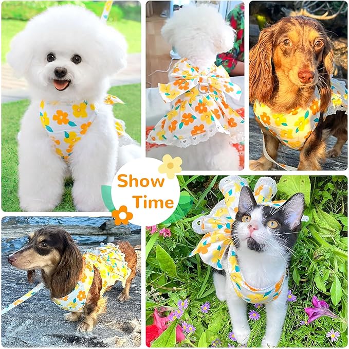 Dog Harness Dress Leash Set for Small Dog Summer Clothes Girl Female Puppy Cats Outfits Cute Floral Bowknot Princess Birthday Dress for Extra Small Pet Doggie Kitten Outfits Apparel(Yellow,L)