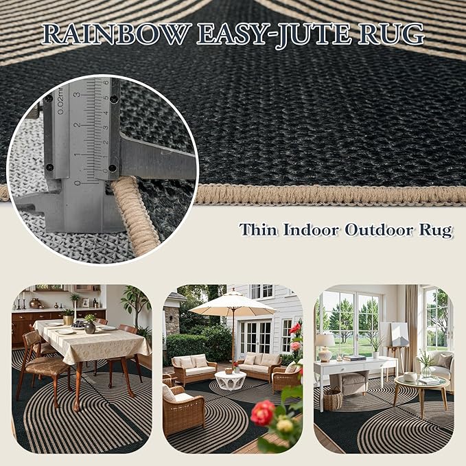Lahome Modern Rainbow Easy Jute Rug, Washable Rugs 8x10 for Living Room Indoor Outdoor Patio Farmhouse Large Carpet, Contemporary Non Slip Black Carpet for Bedroom Backyard Office Decor