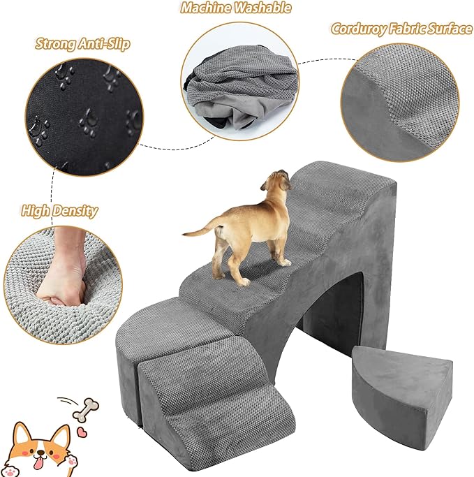 Dog Stairs for High Beds up to 32" H, A.FATI 6 Step Pet Ramp with Machine Washable Cover, Non-Slip Dog Steps for Bed for Small/Medium/Old Dogs, 30D Foam Pet Stairs