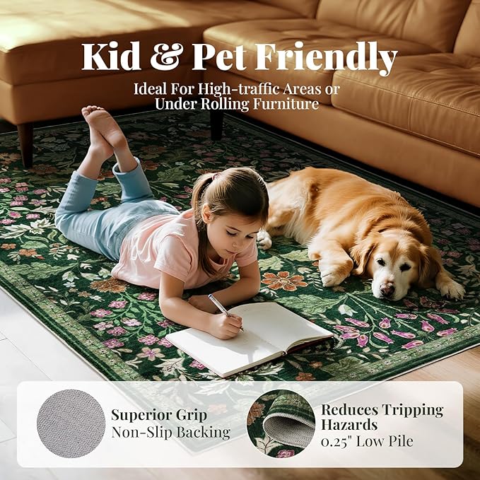 Floral Area Rug for Living Room: 5x7 Washable Soft Low Pile Thin Indoor Carpet, Non Slip Stain Resistant Vintage Flower Boho Accent Rugs for Bedroom, Dining, Home Office - Green