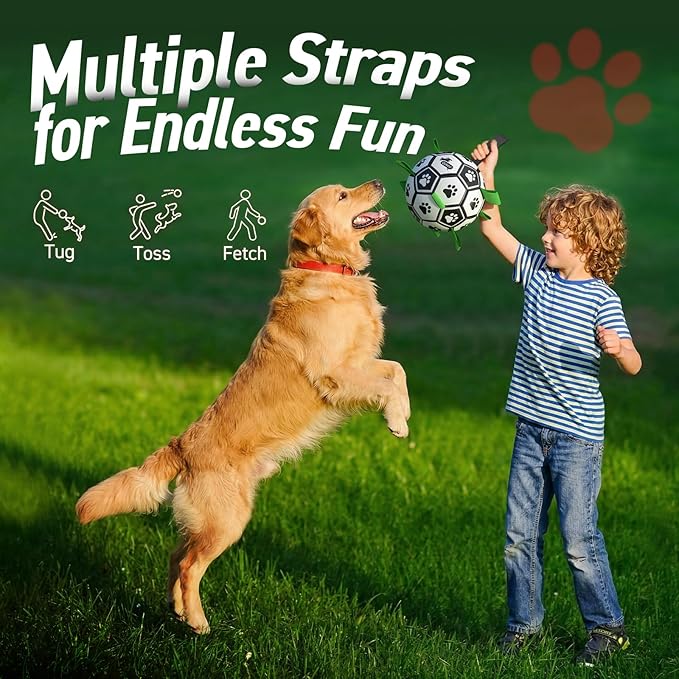 QDAN Large Dog Toys, 8 Inch Soccer Ball for Dogs with Straps, World Cup Interactive Toys for Tug of War, Puppy Birthday Gifts, Water Toy, Durable Dog Balls for Medium Large