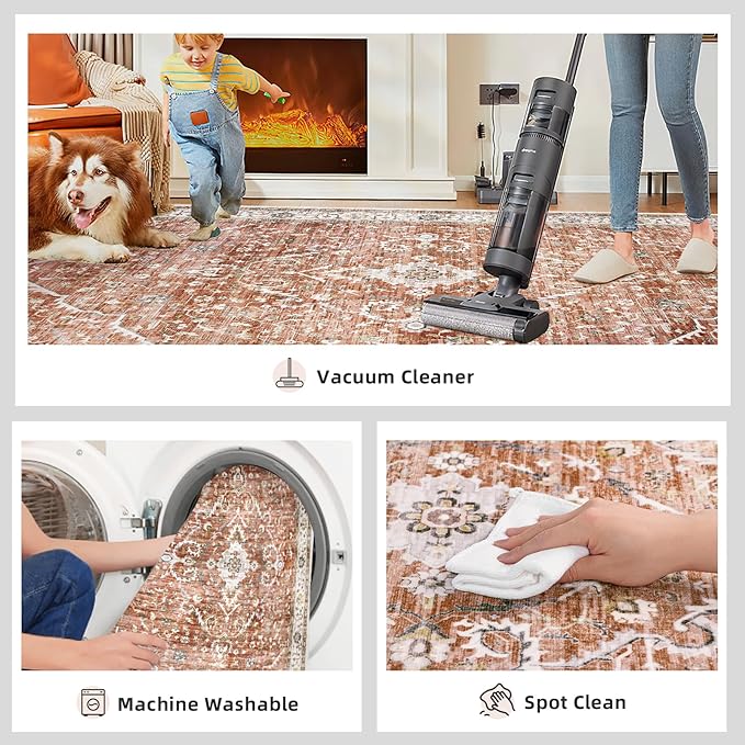 Deerly Large 5x8 Rugs for Dining Room Machine Washable Rugs Boho 5x8 Rug for Living Room Carpet Non-Slip Family & Pet Friendly Area Rugs Print Floor Rug(Border Brick Red 5x8ft)