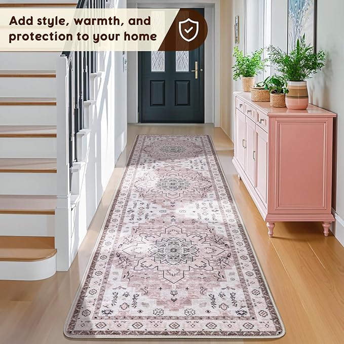LBRO2M Boho Hallway Rug 2'X10’ Washable Runner Rugs Non Slip Low Piles Rugs Vintage, Soft, Pink Area Rug Runners for Hallways, Bedroom, Kitchen Laundry Room Pattern Print (2'X10', Light Pink)