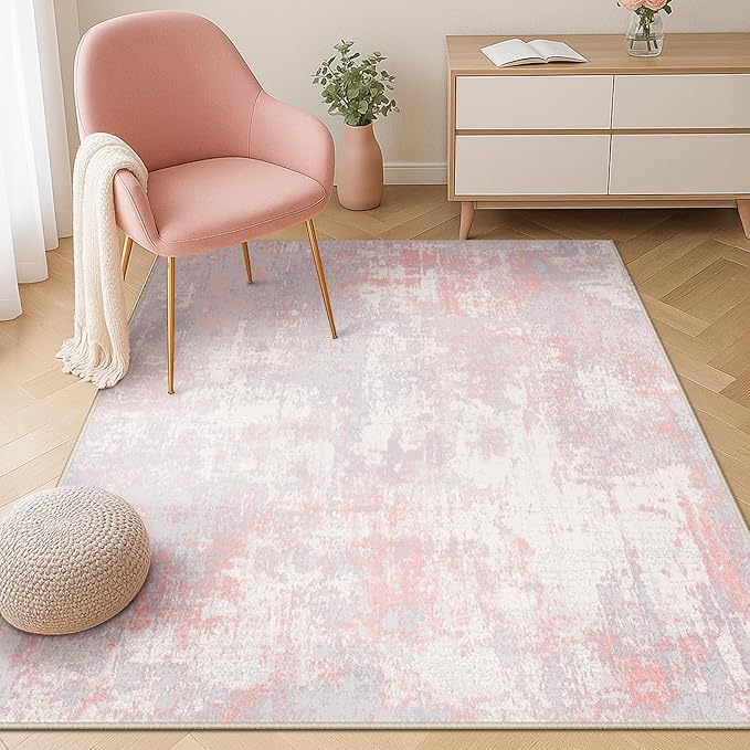 Washable Area Rugs 3'x5' Non-Slip Modern Abstract Soft for Living Room Entryway Bedroom Nursery, Print Pattern, Grey Pink