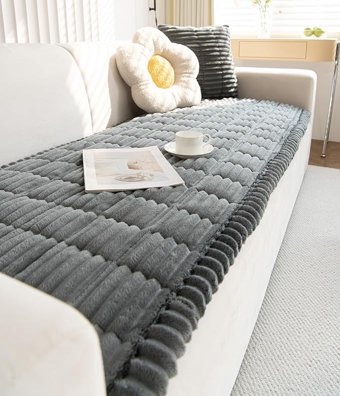 Faux Fur Plush Dog Couch Cover 3D Stripe Fuzzy Sofa Cover Non-Slip Fluffy Dog Bed Cover Pet Blanket Sofa Couch Furniture Protector for Puppy Large Dog Cat (Dark Grey,35"x35")