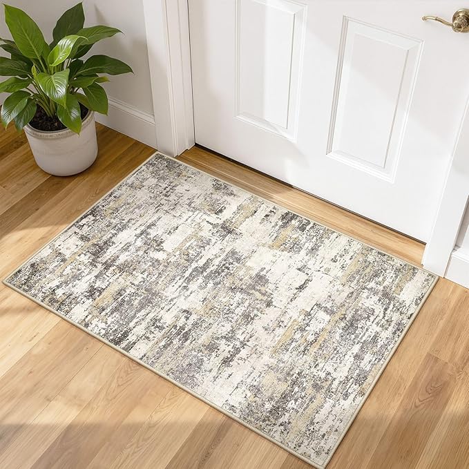 Washable Area Rugs: 2x3 Abstract Modern Soft Stain Resistant Non-Slip Backing for Living Room Entryway Bedroom Nursery - Gold Brown