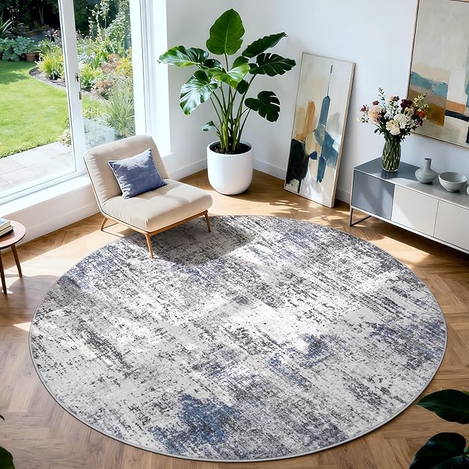 Area Rug Living Room Washable Rugs: 6x6 Modern Neutral Abstract Low Pile Non Slip Floor Carpet - Large Soft Thin Stain Resistant Rug for Bedroom Dining Indoor Office Home, Blue Grey