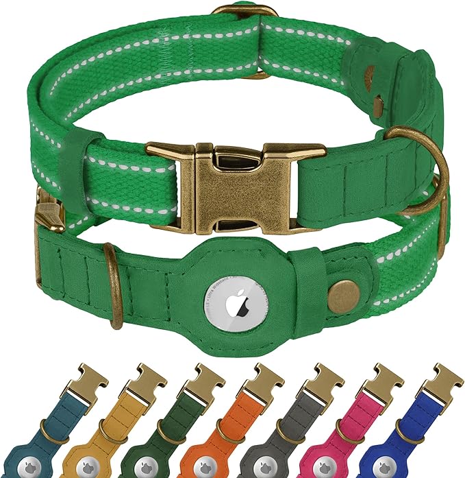 Reflective Leather Dog Collar with AirTag Holder - Soft Apple Airtag Dog Collar with Metal Buckle - Safety Cotton Pet Collars for Dogs Small Large Dogs Puppy (Green, L, 17"-21")