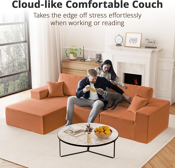 108" L-Shaped Boneless Couch, High Seat Modular Sectional Sofa with Moveable Ottoman, Corduroy Cloud Couches for Living Room, No Assembly, Ship in a Box, Orange