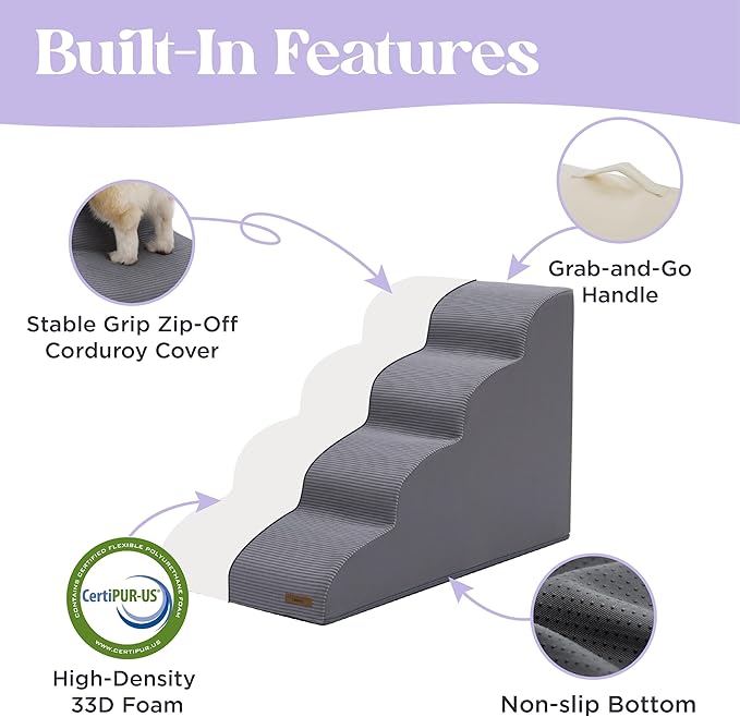 Lesure Dog Stairs for Small Dogs and Cats Pet Steps Ramp for Bed and Couch with CertiPUR-US Certified Foam with Non-Slip Bottom, Grey, 3 Steps