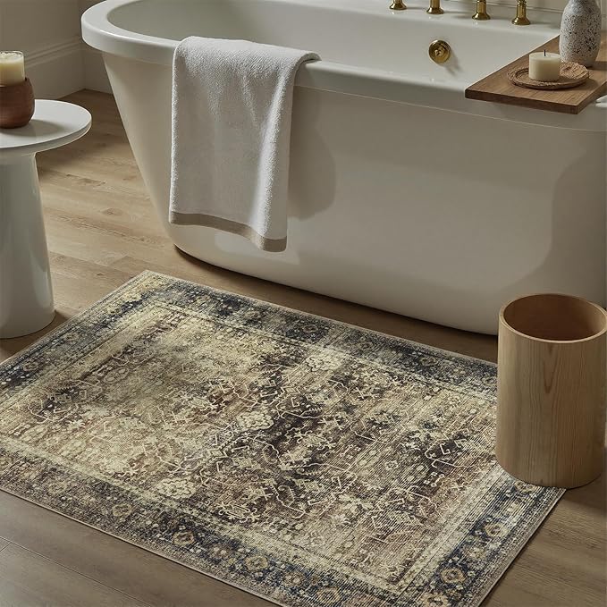 DCX Washable 2x3, Kid & Pet Friendly with Rubber Back Non Slip, Stain Resistant Vintage Entryway Rug for Living Room, Bedroom, Home Office, Soft Low Pile Farmhouse Distressed Carpet, Brown