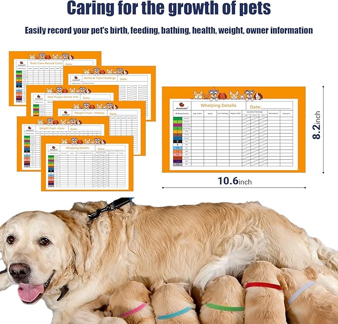 Puppy Kitten Whelping Kit, Newborn Dogs Cats Pet Whelping Kit with 6P Record Keeping Charts, 15P Pet ID Collars, 1P Aspirator Bulb, 15P Umbilical Cord Clip, 1P Hemostatic Forcep