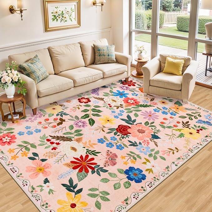 Area Rug Living Room Rugs: Floral 4x6 Washable Rug Vintage Soft Boho Non-Slip Carpet Indoor Floor Stain Resistant Large Carpets for Bedroom Dining Room Farmhouse Nursery Hallway Home Office Beige