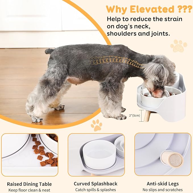 Elevated Slow Feeder Dog Bowls - Ceramic Food and Water Bowl Set with Stand - Raised Pet Dishes for Small and Medium Sized Dogs