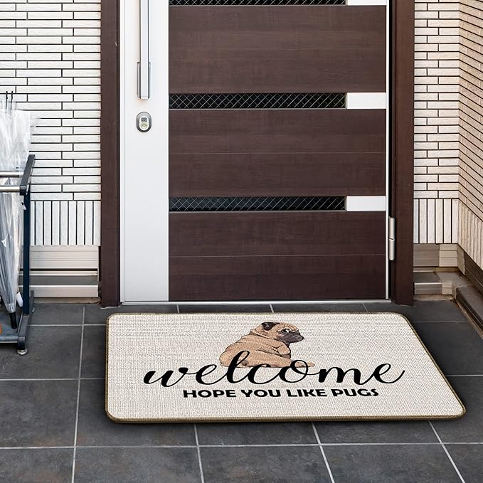 Hope You Like Pugs Welcome Door Mat Doormat 17”x30”,It's Not Dog Hair It's Pug Glitter Reversible Throw Pillow Cover 18”x18”,Set of 1 Pillow Cover 1 Doormat Decor for Home Girls Kids Room
