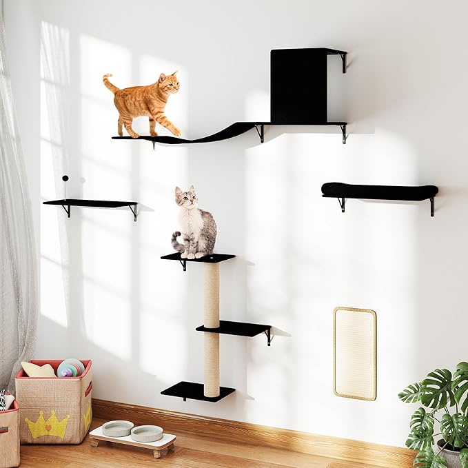 COZIWOW Cat Wall Shelves Set, 5-Piece Wall Mounted Cat Furniture with Cat Tree & Scratching Post, Floating Cat Perches for Indoor Cats（Grey）
