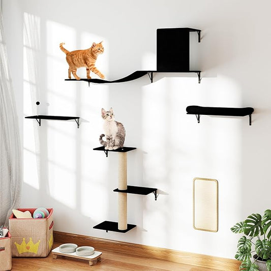 COZIWOW Cat Wall Shelves Set, 5-Piece Wall Mounted Cat Furniture with Cat Tree & Scratching Post, Floating Cat Perches for Indoor Cats（Grey）