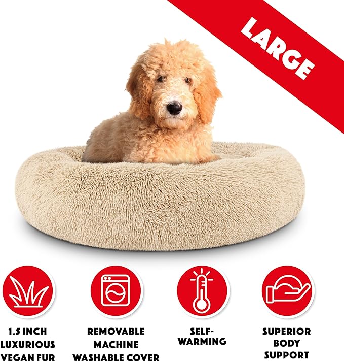 The Dog’s Bed Calming Plush Donut Dog Bed, Replaceable Zip Cover, Beige, Large