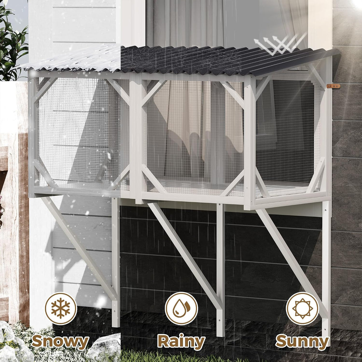 Cat Window Box, 43.3" Catio o Outdoor Cat Enclosure for Sunbathing, Napping & Bird Watching, Wood Cat Window Perch with Mosquito Net Window Catio for Indoor Cats (White)