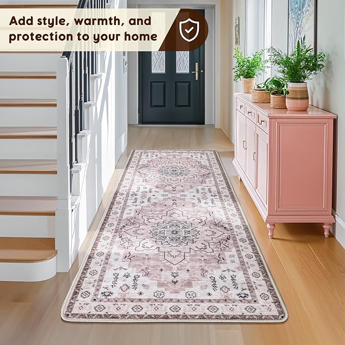 LBRO2M Boho Washable Runner Rug 2'6“X8’ Pink Washable Hallway Runner Rugs Non Slip Low Piles Rugs, Soft, Area Rug Runners for Hallways, Bedroom, Kitchen Laundry Room (2'6"X8', Pink)