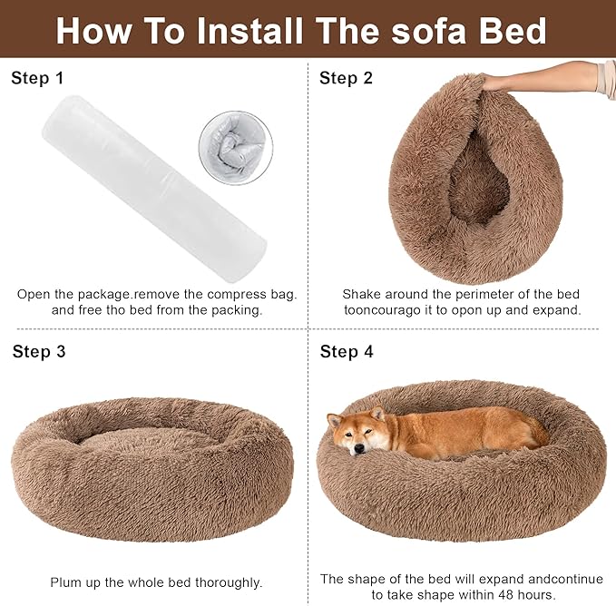 Dog Calming Beds for Medium Large Dogs - Round Donut Washable Dog Bed, Anti-Slip Faux Fur Fluffy Donut Cuddler Anxiety Cat Bed(36" Khaki)