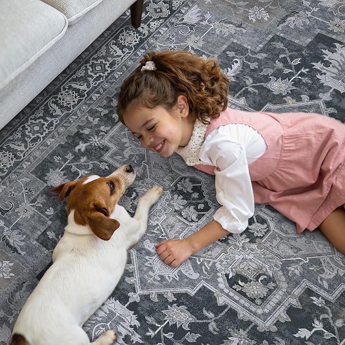 GENIMO 2x12 Runner Rugs for Hallway, Machine Washable Non Slip Vintage Rugs, Low Pile Lightweight Soft Print Rug for enrtyway, Corridor, Home Office, Kitchen,Dark Gray