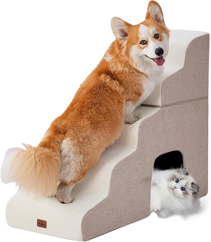 Beige Curved Dog Stairs Ramp for High Beds 28.7" H, 5-Step Dog Steps for Small Dogs and Cats, Pet Stairs for High Bed Climbing, Non-Slip Balanced Pet Step
