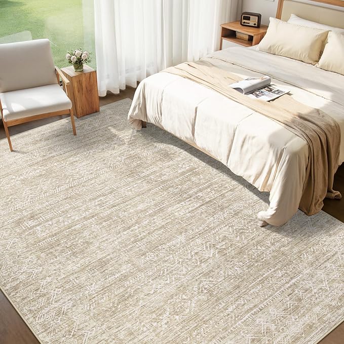 Washable Rug 6x9 Area Rugs: Modern Geometric Rugs for Living Room Non Slip Soft Low Pile Moroccan Indoor Carpet for Bedroom Nursery Dining Room Home Office (Beige, 6'x9')