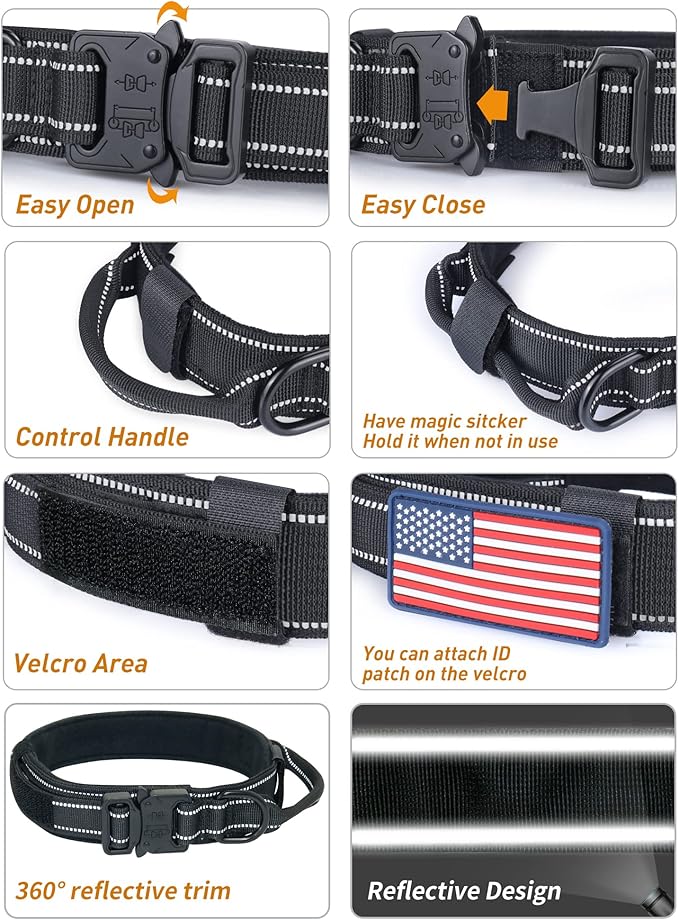 AUBELL Reflective Tactical Dog Collar,Adjustable Military Heavy Duty K9 Collars with Handle and Quick Release Metal Buckle Great for Large Dogs, with Airtag Case and 2 Patches (Black,L)