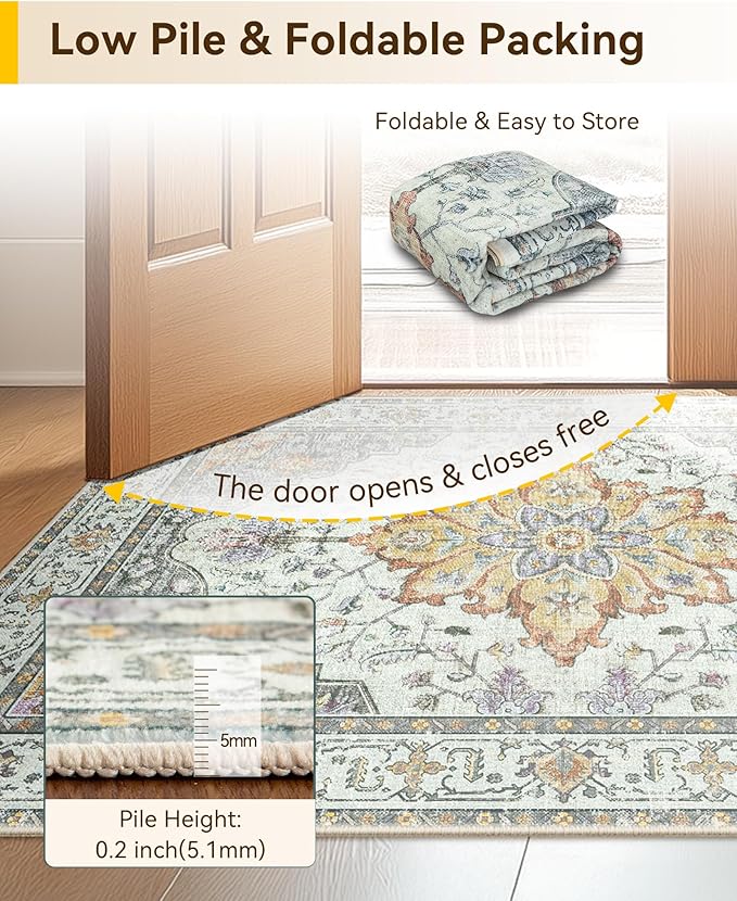 Area Rugs 2'x6' Runner Rug Non Slip Washable for Kitchen Hallway Bedroom Beside Laundry Room Bathroom Rug, Floor Carpet, Light Yellow Carbon Grey Orange
